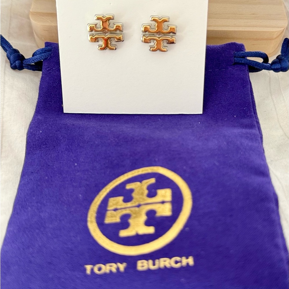 Tory Burch Gold and Silver Stud Earrings with pouch